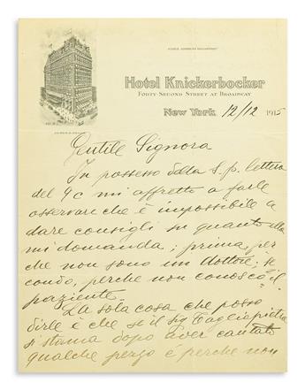 CARUSO, ENRICO. Autograph Letter Signed, to Gentile Signora, in Italian,